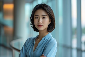 Confident and fashionable Asian executive standing in office lobby with warm natural light, short black hair