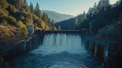 Water rushes through hydroelectric dam, Forest and mountains in distance