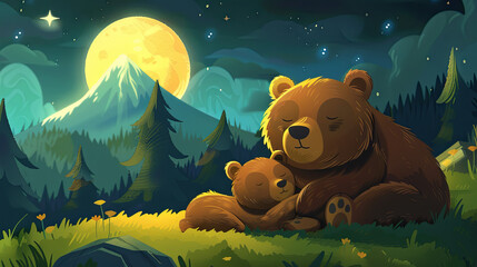 Mother bear sleeps next to her baby in the open air under the moon