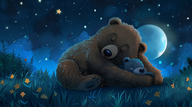 Mother bear sleeps next to her baby in the open air under the moon
