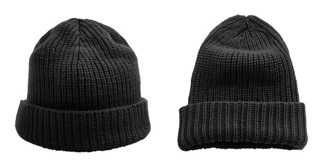Set of black classic knit knitted woven cuffed wool ribbed beanie hat, front and flat lay view on transparent cutout PNG file. Mockup template for artwork design