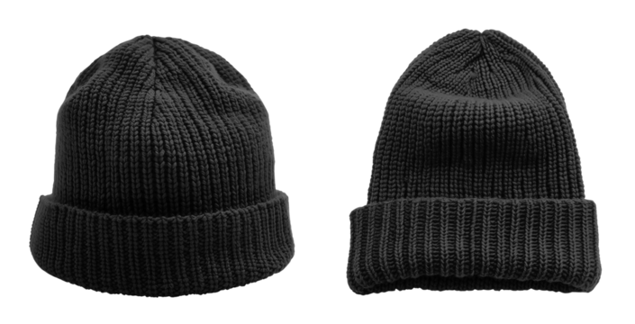 Set of black classic knit knitted woven cuffed wool ribbed beanie hat, front and flat lay view on transparent cutout PNG file. Mockup template for artwork design