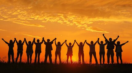 Fototapeta premium A group of people are holding hands in a field at sunset. Scene is one of unity and togetherness