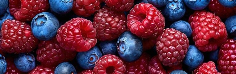 A pile of vibrant raspberries and blueberries arranged with red, white, and blue colors