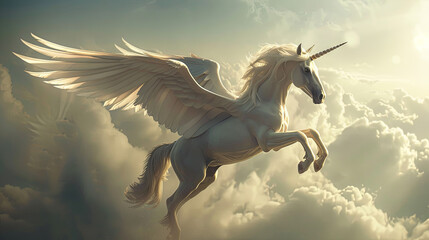 Fototapeta premium Beautiful white pegasus soaring in the clouds