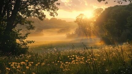 Sunrise above the meadows and woodland