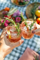 two hands holding rosemary cocktails, very fresh, summer picnic in the background