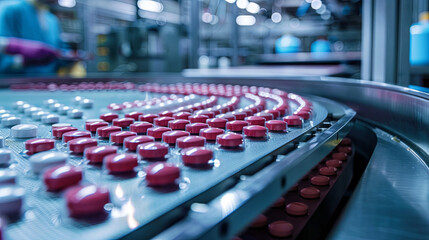 Production of colored tablets in a factory, tablets on a conveyor belt
