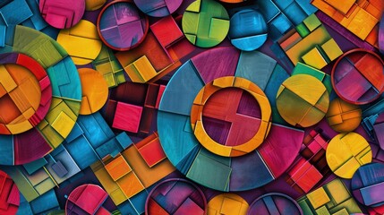 Fototapeta premium Vibrant abstract background features a collection of colorful circular shapes and geometric tiles arranged in a dense pattern suitable for marketing projects.