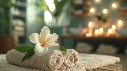 A soft towel lies flat with a delicate flower resting on top of it. The scene suggests a spa or beauty salon setting