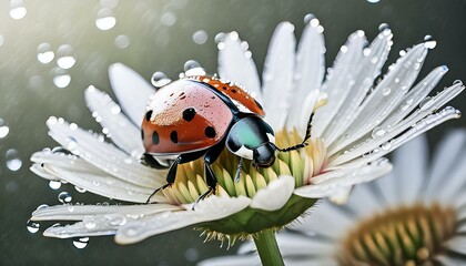 Fototapeta premium ladybug on flower close-up of a ladybug resting gracefully on a flower, surrounded by the sparkling morning dew. Taken with a specialized macro background