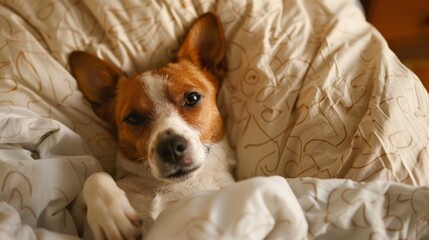 Adorable dog waking up nestled snugly in soft bed linens