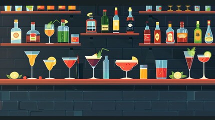 A bar counter filled with a variety of alcoholic beverages and barware, perfect for advertising bars, cocktail parties, and mobile bars. Generative AI