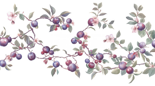 Branch with plums, flowers and leaves. Summer and harvest. Isolated watercolor illustration pattern on white background.