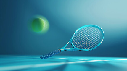 Naklejka premium Tennis yellow ball, racket on the blue court. Sports banner. Healthy lifestyle concept.