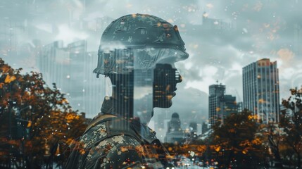 Double exposure image of a soldier with a contemplative gaze and cityscape background