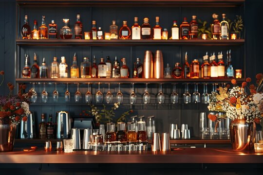 A bar counter filled with numerous bottles of various alcoholic beverages, surrounded by a collection of glasses and barware. Generative AI