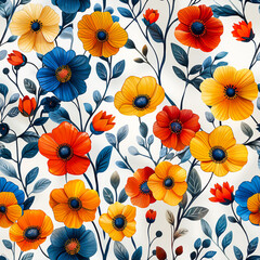 Seamless pattern of vibrant flower, branches and leaves, on white background.