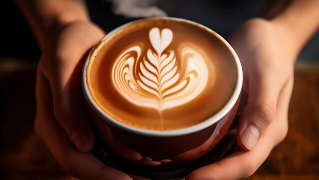 Hands holding a cappuccino cup, top view	
