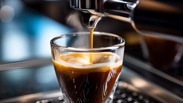Close-up of freshly brewed espresso with thick foam pouring from the coffee machine