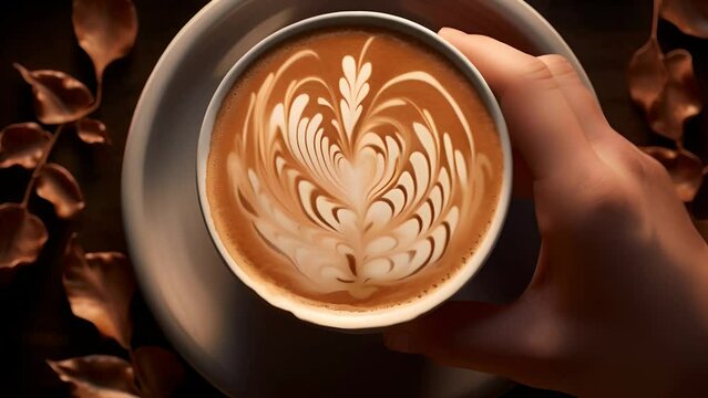 A hand holding a cappuccino cup, top view	
