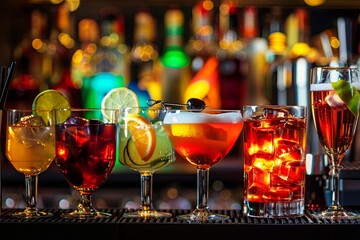 Row of glasses filled with various types of drinks on a bar counter with assorted alcoholic beverages and barware. Generative AI