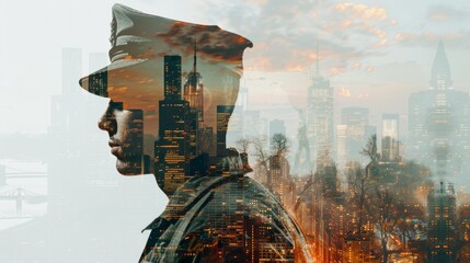 Artistic double exposure of a man's silhouette and a cityscape merging history with modernity