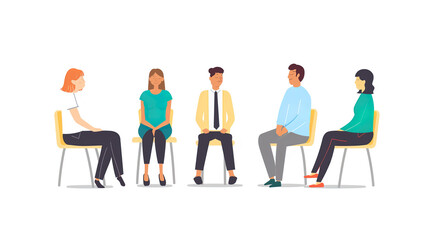 5 people sitting on chairs in the group therapy, vector flat icon illustration with white background. Professional corporate mental well being illustration 