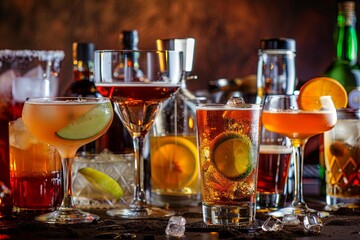 A variety of alcoholic and non-alcoholic beverages displayed on a table, ideal for bars, cocktail parties, and events. Generative AI