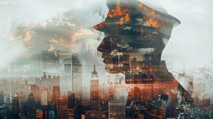 Double exposure art depicting a silhouette blended with a historic cityscape