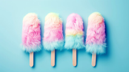 Colorful Fuzzy Ice Cream Pops on Blue Background