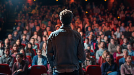 A close-up of the back of a male speaker standing on an illuminated stage in a dark indoor auditorium where a large audience sits together. Generative AI