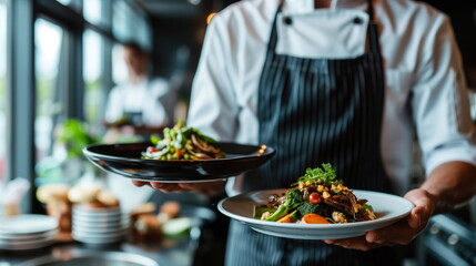 Close-up of two plates of food placed on both hands of the chef in the hotel kitchen.