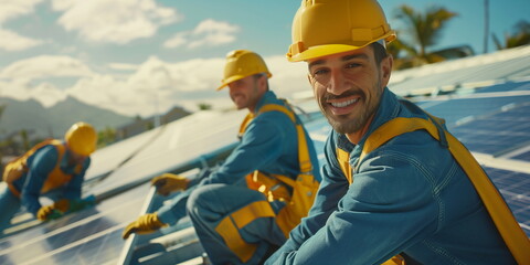 Three workers wearing blue work clothes and yellow safety helmets, who were installing solar panels on the roof, are smiling at the camera. 
