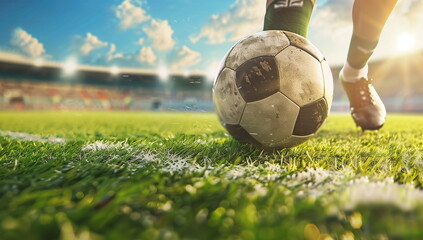 A close-up of a soccer player's leg kicking the soccer ball on the green grass of an outdoor soccer field illuminated by sunlight. Generative AI