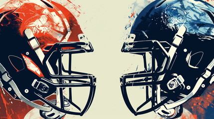 A illustration graphic of two rugby football helmets, one red and one blue, facing each other in an aggressive sports stance. Generative AI