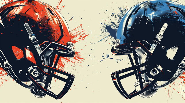 an aggressive sports graphic of two football helmets facing off for a match, red, blue, illustration - Generative AI