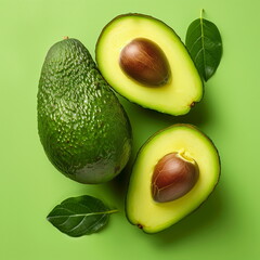One avocado and one avocado cut in half. Isolated on green background. Top view. Flat lay. Close-up. Generative AI