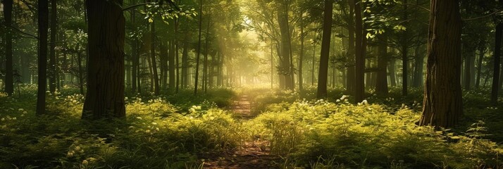 a dirt path winds through a lush forest, flanked by towering brown trees