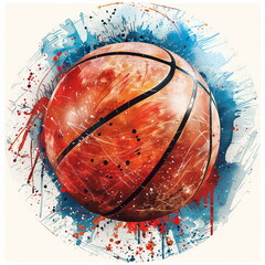 A watercolor vector illustration of a basketball on a white background with watercolor paint splatters. Generative AI