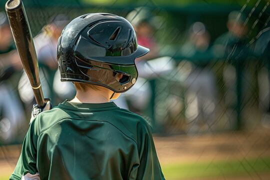Close-up of the back of a youth baseball player wearing a green uniform, black baseball helmet, and holding a baseball bat on his shoulder. Generative AI