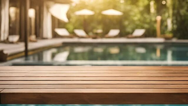 Wooden table pool bokeh background, empty wood desk product display mockup with blurry tropical hotel resort abstract poolside summer travel backdrop advertising presentation. Mock up, copy space
