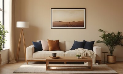 Corner sofa with big art poster frame. Minimalist home interior design of modern luxurious living room.

