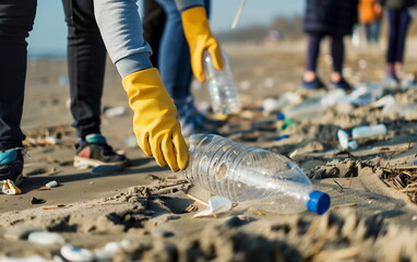 Close-up of the hands of a volunteer wearing yellow gloves picking up plastic bottle waste discarded on a sandy beach. Environmental protection volunteer. Generative AI