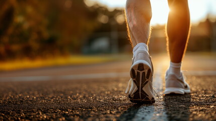 Close-up of a man's legs and sneakers walking or running on an asphalt road at sunrise time. Walking, jogging, running, exercise. Generative AI