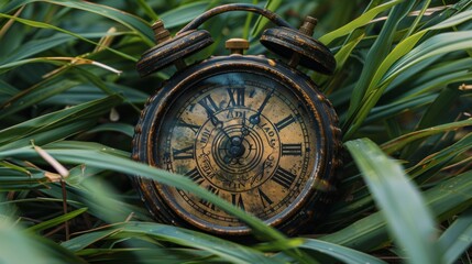 Antique alarm clock nestled among lush green foliage, blending time with nature