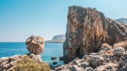 Massive rock among rocky cliff and clear sky in Crete