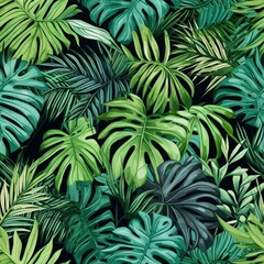 Seamless pattern with tropical jungle forest leaves exotic botanical illustration