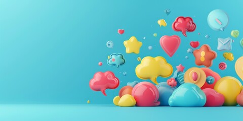 A colorful background with many balloons and clouds. The balloons are in different colors and sizes, and the clouds are also in various shapes and sizes. Scene is playful and fun, with the balloons