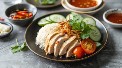 Thai cuisine. Chicken with rice in Hainanese style.